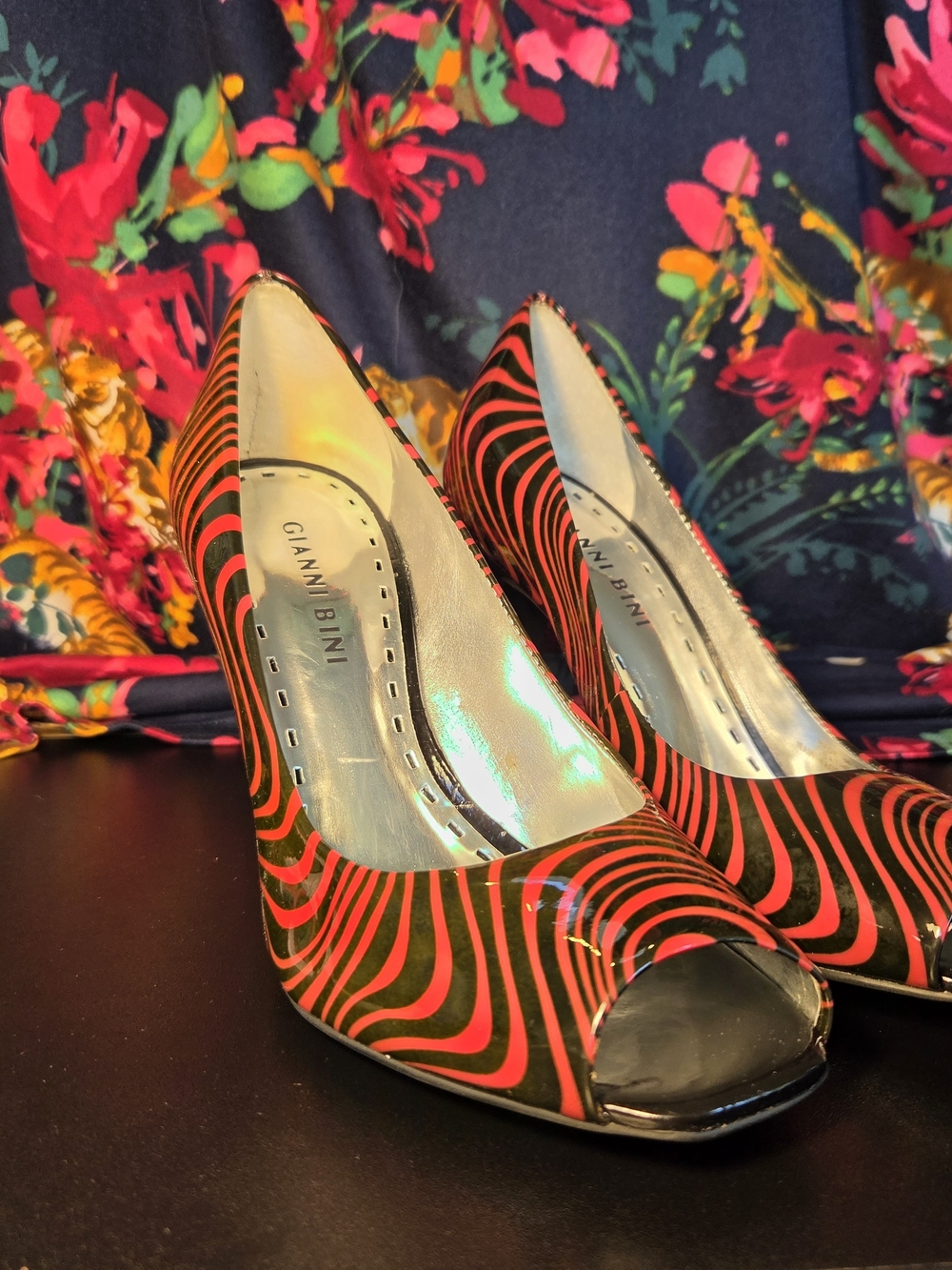 Gianni Bini Black and Red Swirl Peep-Toe Heels